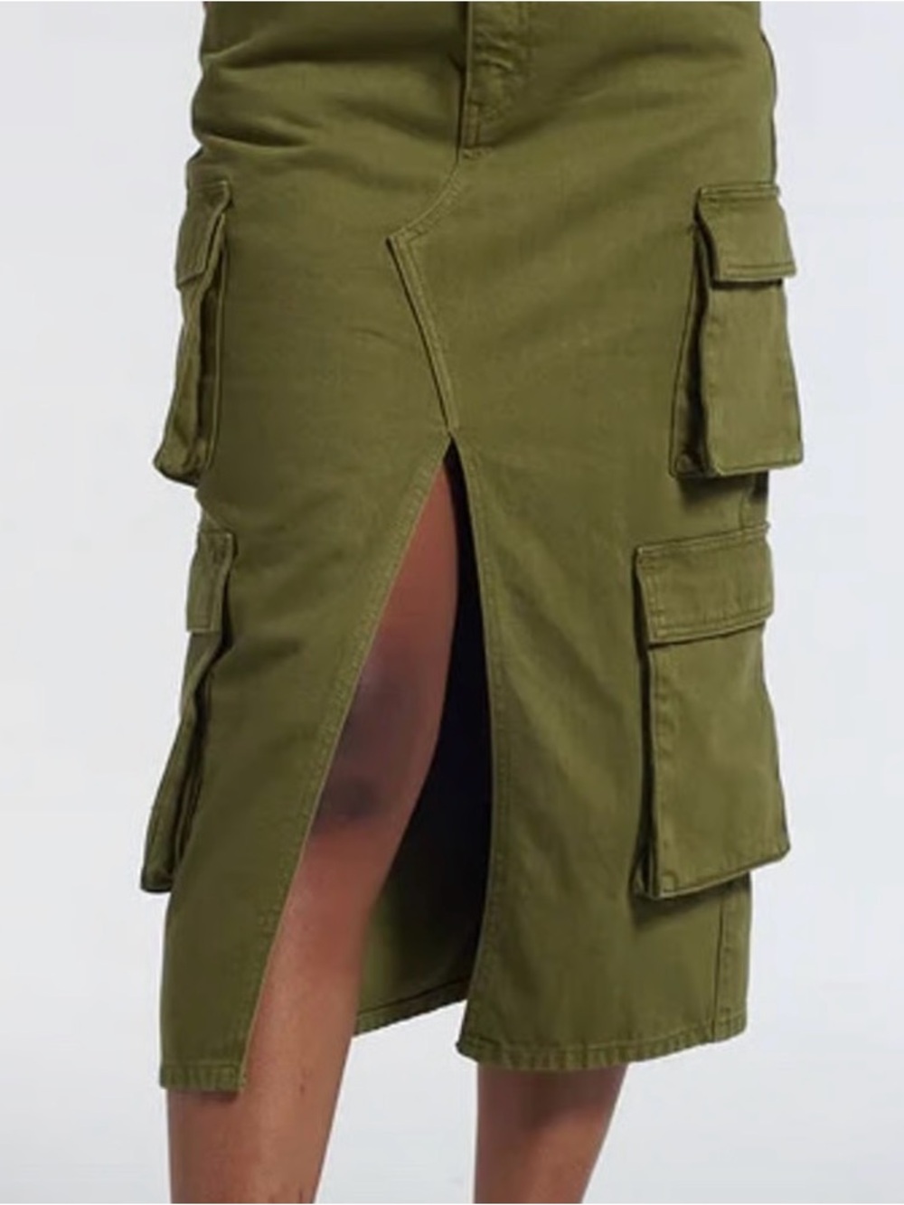 The Ragged Priest Olive Green  Cargo Midi Skirt with Center Slit